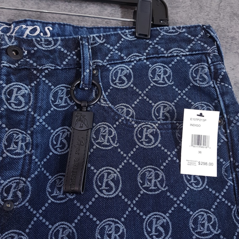PRPS Demon Slim Straight Monogram Jeans Mens 36x34 Indigo Blue E107P213P - Picture 4 of 8